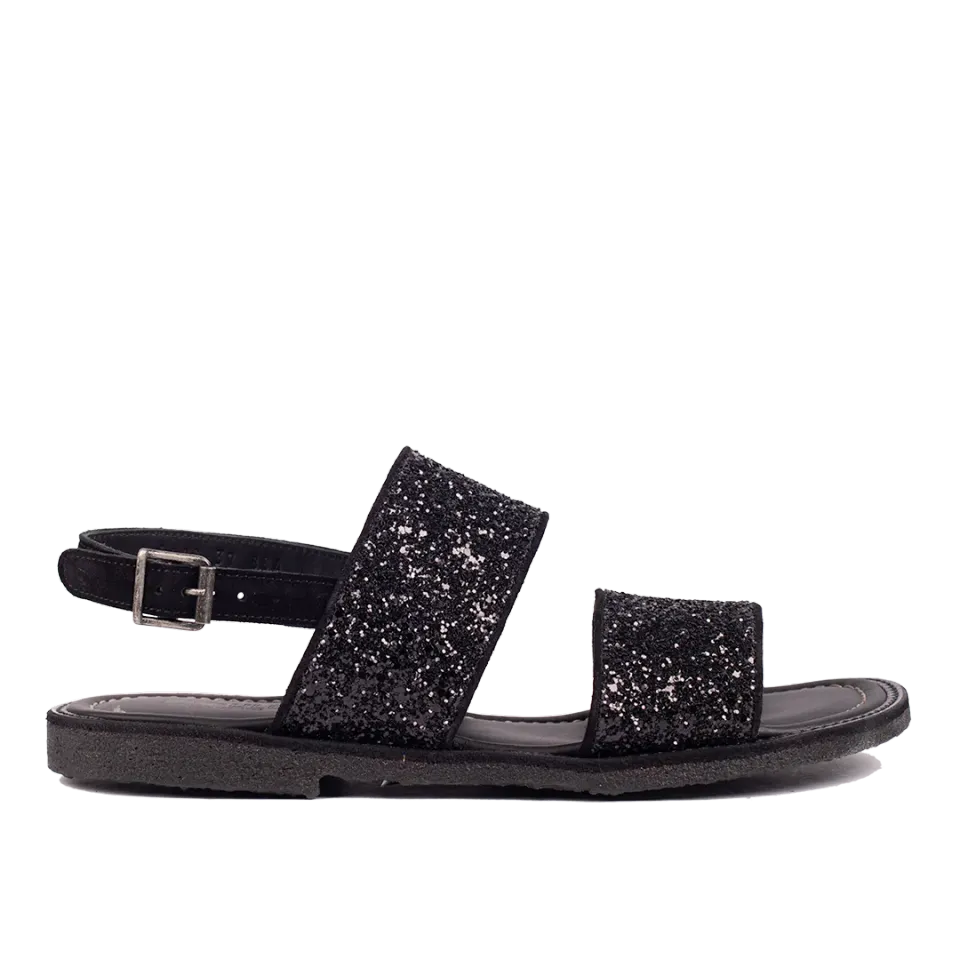 Angulus sandal funklende sort glitter sandal bred pasform ankelstrop