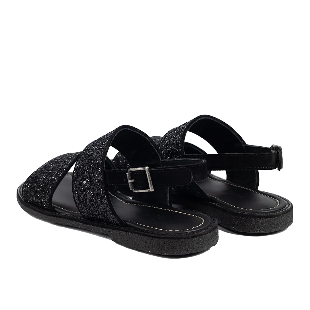 Angulus sandal funklende sort glitter sandal bred pasform ankelstrop
