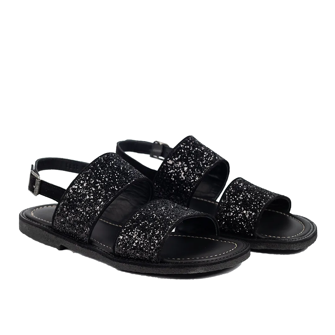 Angulus sandal funklende sort glitter sandal bred pasform ankelstrop