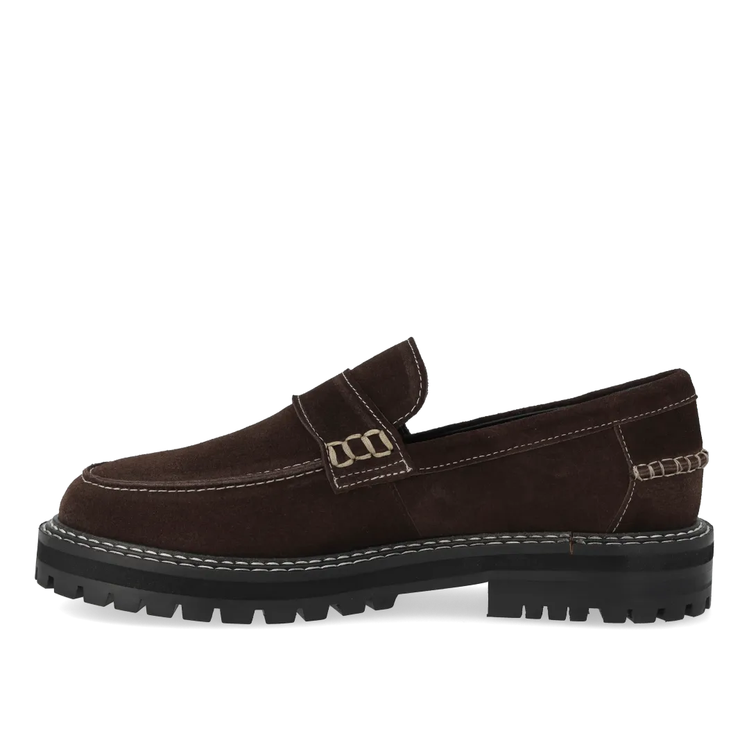 Angulus Penny loafer kontraststikning brun ruskind
